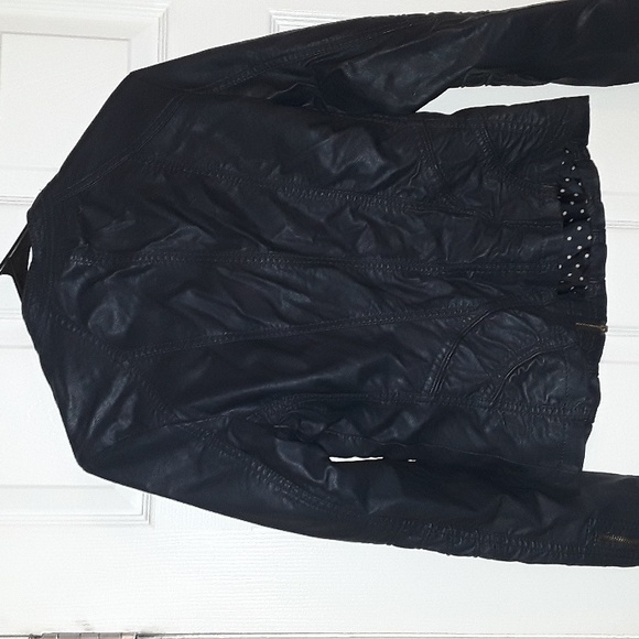 Faux Leather dark Navy Moto Jacket Bought in Italy - Quality! Vegan Gold zip S - Picture 13 of 15